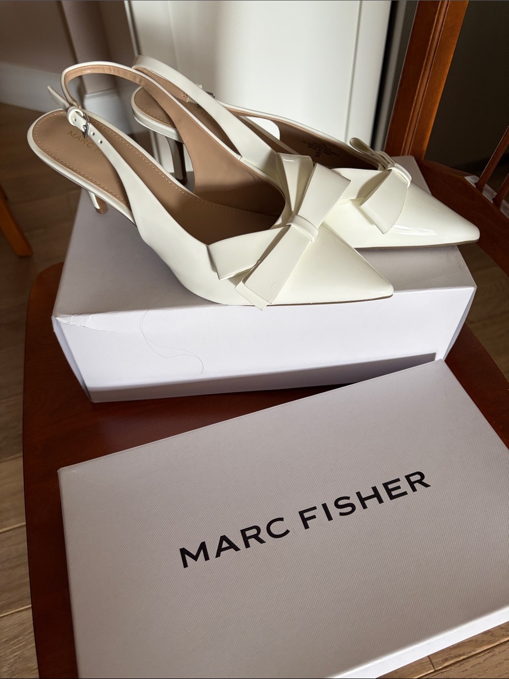 Marc Fisher Ivory Patent Pointed Slingback Pumps with Bow
